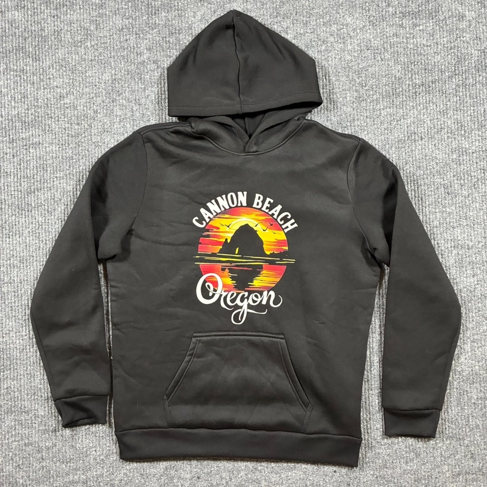 Cannon‎ Beach Oregon Hoodie Mens Medium Black Sunset Graphic Pullover